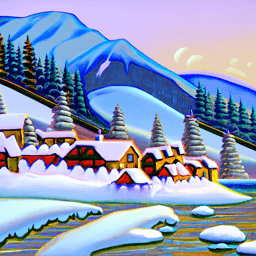 an oil painting of a snowy mountain village